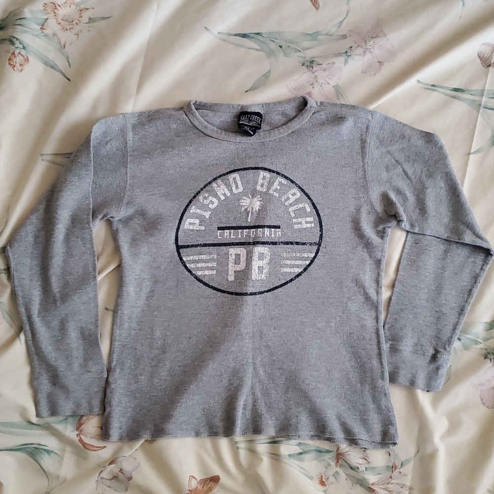 Salt Creek Pismo Beach Women's XL Long Sleeve Gray With White Print Top GUC